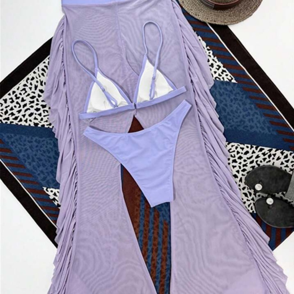 3 PC SHEER MESH BIKINI TRIANGLE BRA & HIGH CUFF BIKINI